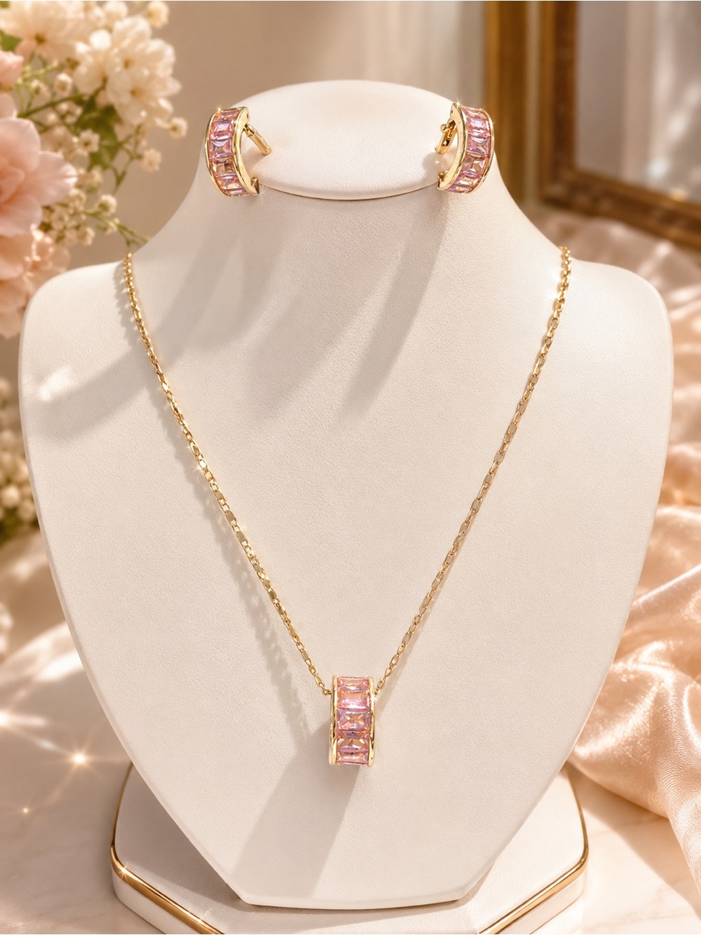 Gold Plated Necklace and Earring 3 pieces Set with Pink Stones 17inches long